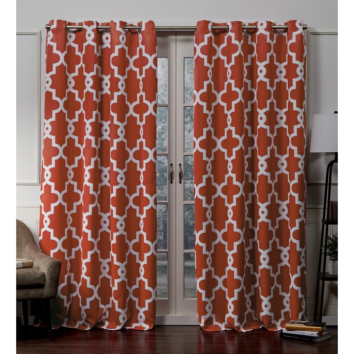 Bedelia Ironwork Mecca Orange Sateen Woven Geometric Room Darkening Thermal Grommet Curtain Panels - Set of 2 (SB1370)