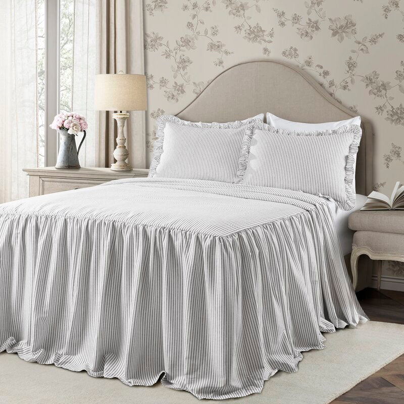 Queen Bedspread + 2 Shams Gray Vincent Ticking Stripe Coverlet / Bedspread Set SB2012