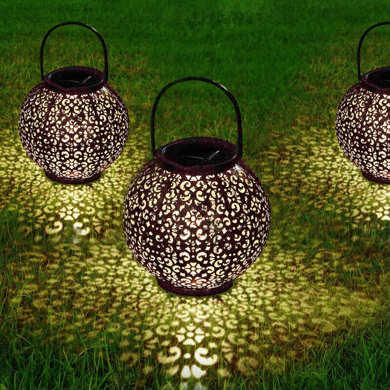 Big Hanging Gold Solar Powered LED Outdoor Lantern (Set of 2)
