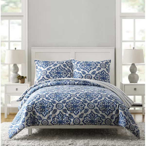Blue/White 100% Cotton Reversible Traditional Comforter Set queen