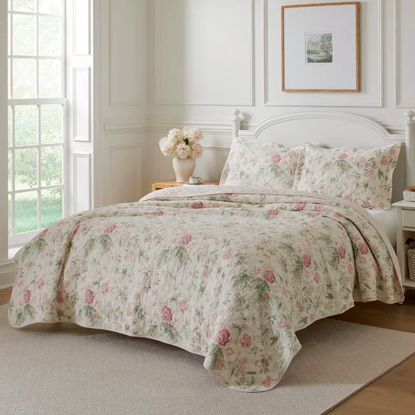 Full/Queen Quilt + 2 Standard Shams Pink/Beige/Green Breezy Standard Cotton 136 TC Reversible Farmhouse / Country Quilt Set