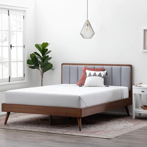 Ivy Wood Platform Bed Frame with Upholstered Headboard - Queen