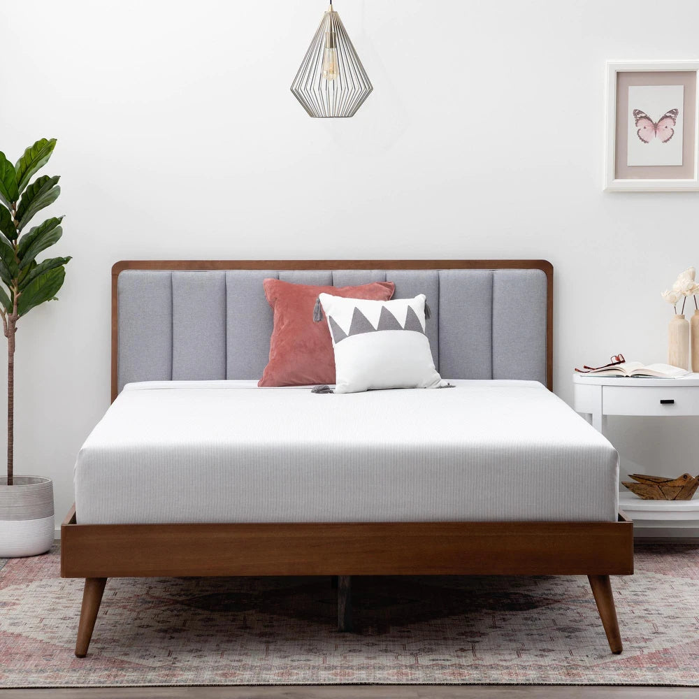Ivy Wood Platform Bed Frame with Upholstered Headboard - Queen