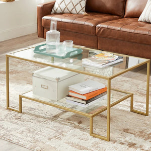 Golden Bundy 4 Legs Coffee Table with Storage Elegant Golden Steel and Clear Glass