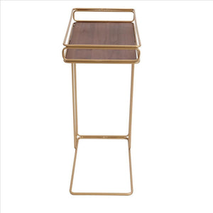 C Shaped Side Table with Metal Frame, Brown and Gold - Brown and Gold - 9.85 L x 16.15 W x 24.82 H Inches
