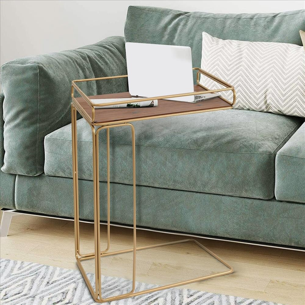 C Shaped Side Table with Metal Frame, Brown and Gold - Brown and Gold - 9.85 L x 16.15 W x 24.82 H Inches