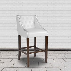 30" High Transitional Tufted Walnut Barstool with Accent Nail Trim in White