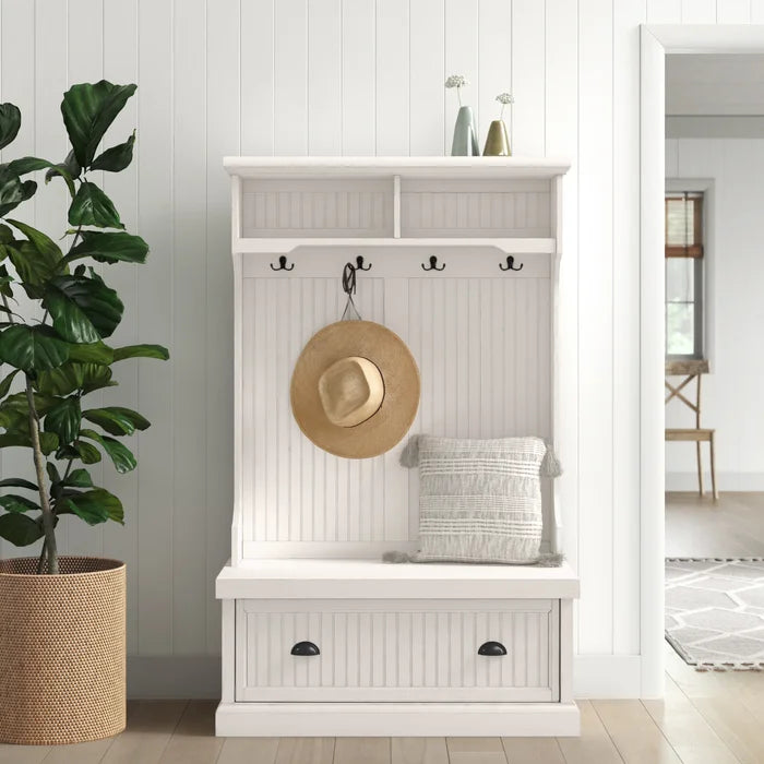 Distressed White Carmel 40'' Wide Hall Tree with Bench and Shoe Storage