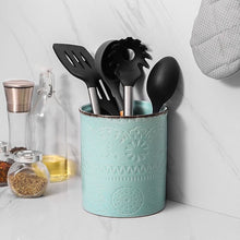 Load image into Gallery viewer, Blue Embossed Ceramic Utensil Crock (LW207)
