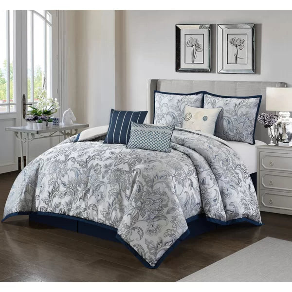 Queen Comforter + 7 Additional Pieces Ceylon Navy Microfiber Reversible 7 Piece Comforter Set