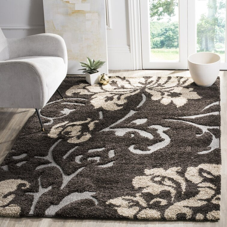 Chanhassen Floral Area Rug in Dark Brown, Rectangle 4' x 6'