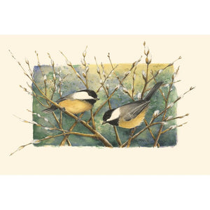 Chickadees And Pussy Willow - Wrapped Canvas Painting, 12" H x 18" W x 1.25" D