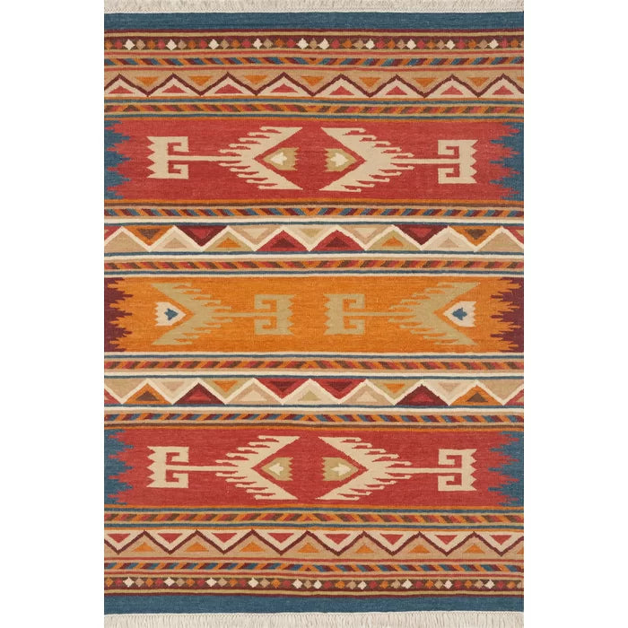 Clemente Handmade Flatweave Wool Red/Orange/Blue Rug, Rectangle 2' x 3'