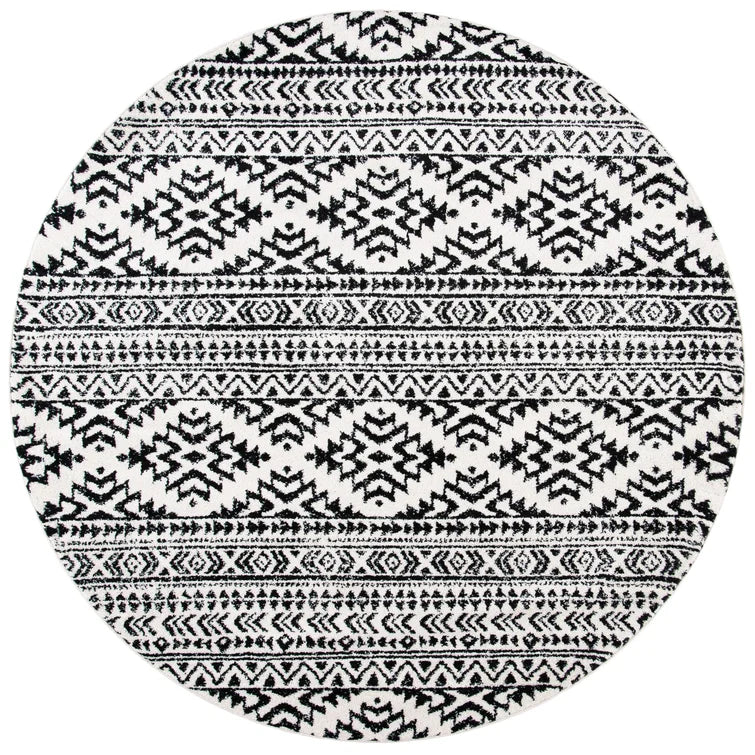 Cobos Geometric Area Rug in Black/Ivory, Round 8'