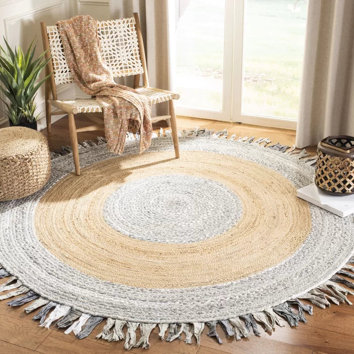 Colson Handmade Flatweave Light Gray/ Natural Rug, Round 6'