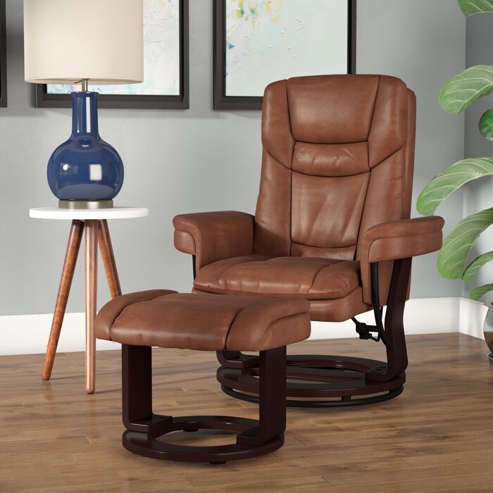 Contemporary Recliner and Ottoman with Swiveling Mahogany Wood Base