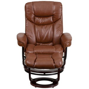 Contemporary Recliner and Ottoman with Swiveling Mahogany Wood Base