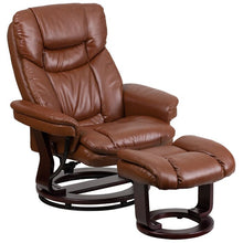 Load image into Gallery viewer, Contemporary Recliner and Ottoman with Swiveling Mahogany Wood Base
