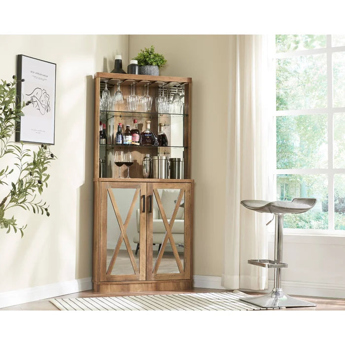 Reclaimed Barnwood Corner Bar Cabinet with Mirrored Panels
