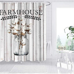 Cottage Country Shower Curtain Wooden Farm Cotton-White Flower Canned Decorative Bathroom Curtain Set With 12 Hooks