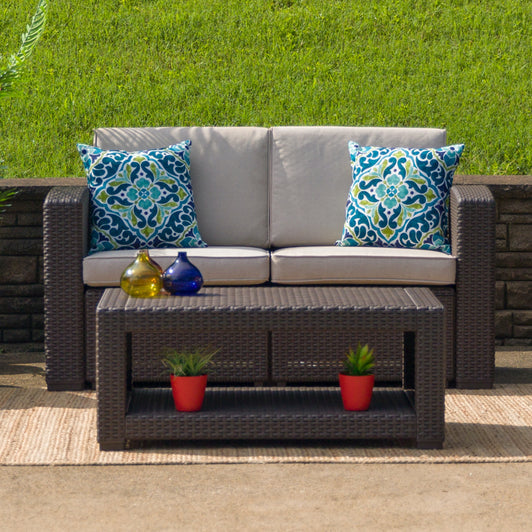 Chocolate Brown Faux Rattan Loveseat with AllWeather Beige Cushions