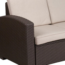 Load image into Gallery viewer, Chocolate Brown Faux Rattan Loveseat with All-Weather Beige Cushions
