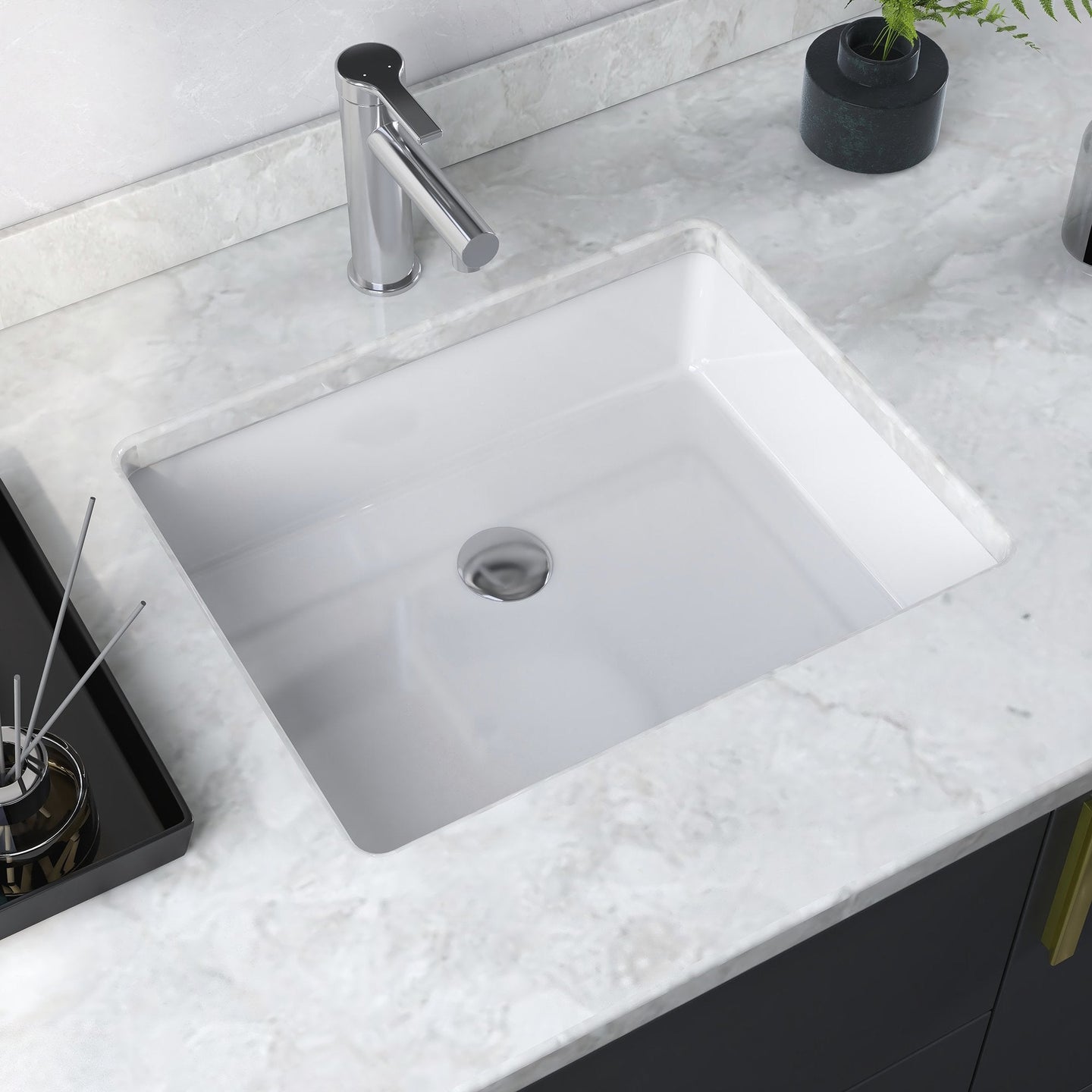 DeerValley White China Rectangular Sleek Undermount Bathroom Sink with Overflow