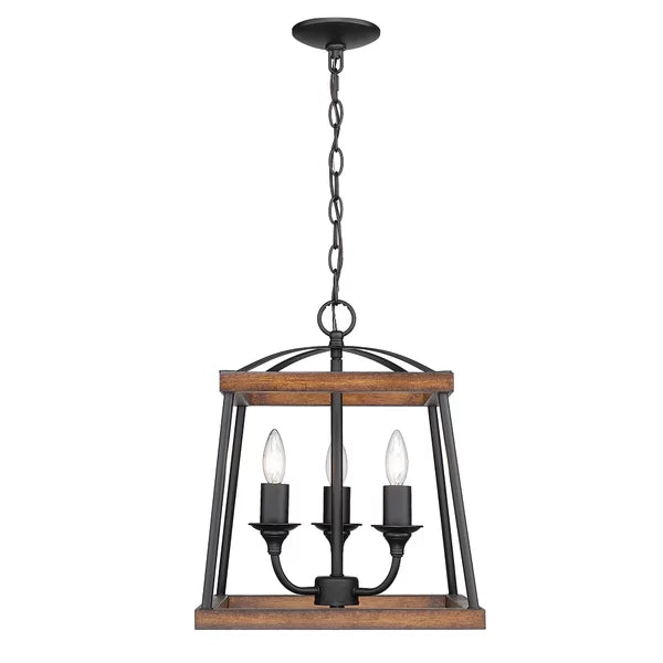 Rustic Oak Daniela 3 - Light Lantern Geometric Chandelier with Wood Accents