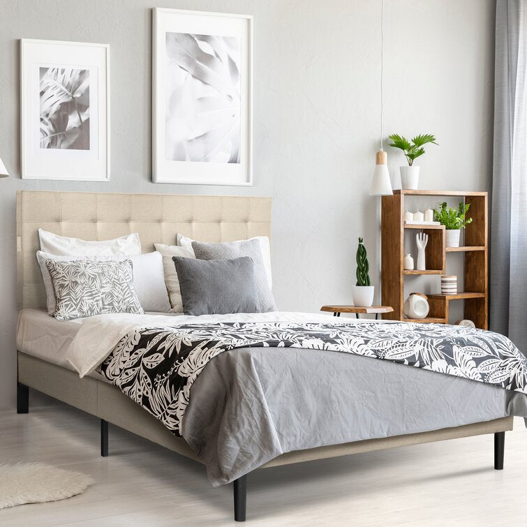 Queen Beige Delray Tufted Upholstered Low Profile Platform Bed