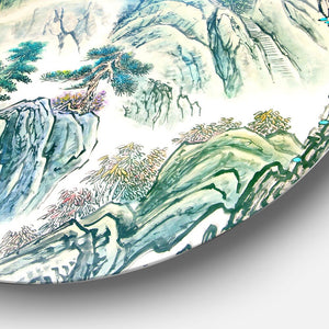 'Blue Chinese Landscape ' Floral Disc Metal Wall Art