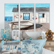 Load image into Gallery viewer, White Beach Cabin On Wood Pier' Nautical &amp; Coastal Framed Canvas Wall Art Set of 3 - 4 Colors of Frames - 36 in. wide x 28 in. high - 3 Panels - White
