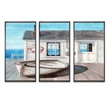 Load image into Gallery viewer, White Beach Cabin On Wood Pier' Nautical &amp; Coastal Framed Canvas Wall Art Set of 3 - 4 Colors of Frames - 36 in. wide x 28 in. high - 3 Panels - White
