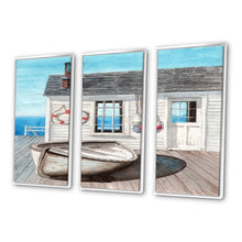 Load image into Gallery viewer, White Beach Cabin On Wood Pier' Nautical &amp; Coastal Framed Canvas Wall Art Set of 3 - 4 Colors of Frames - 36 in. wide x 28 in. high - 3 Panels - White
