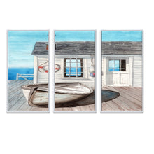 Load image into Gallery viewer, White Beach Cabin On Wood Pier' Nautical &amp; Coastal Framed Canvas Wall Art Set of 3 - 4 Colors of Frames - 36 in. wide x 28 in. high - 3 Panels - White
