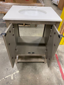 24 in. Bath Vanity in Barstow Acacia with Coastal Linen Doors and Vanity Top in White Stone with Basin