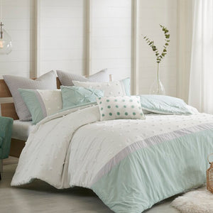 Queen Comforter+4 Shams+2 Throw Pillow Ivory Elaine 100% Cotton Percale Comforter Set
