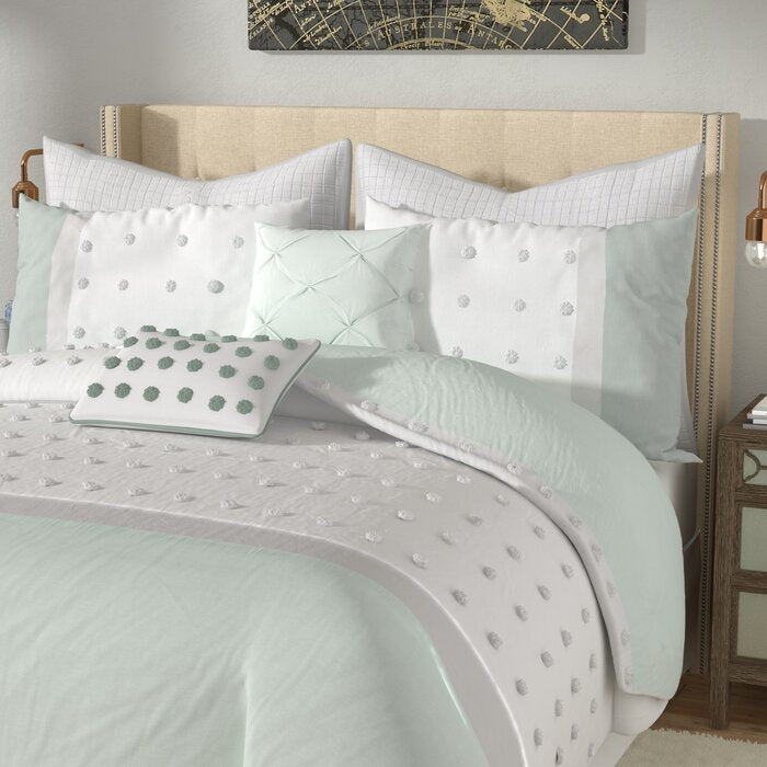 King/Cal.King Duvet Cover +4 Sham + 2 Throw Pillow Gray/Aqua Blue/Ivory Elaine 100% Cotton Percale Duvet Cover Set