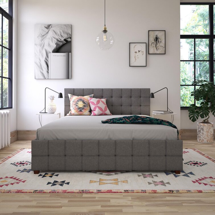 Gray Elizabeth Tufted Upholstered Low Profile Storage Platform Bed, Full