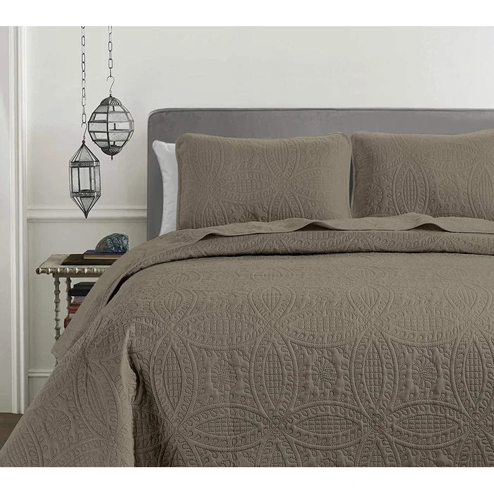 King Bedspread + 2 King Shams Taupe Ericson Microfiber Reversible 3 Piece Coverlet / Bedspread Set