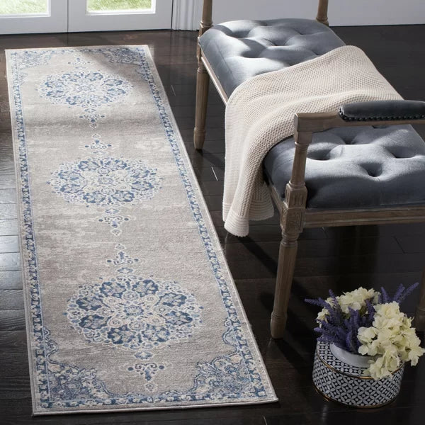 Evart Oriental Area Rug in Light Grey / Blue 2' x 8'