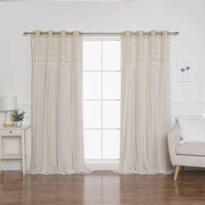 Everina Lace Overlay Nature Floral Blackout Thermal Grommet Curtain Panels, 52