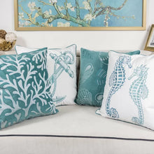 Load image into Gallery viewer, Teal Farnham Embroidery Coral Island Velvet Throw Pillow
