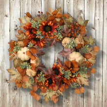 Load image into Gallery viewer, Faux Pumpkins &amp; Sunflowers Polyester 24&#39;&#39; Wreath
