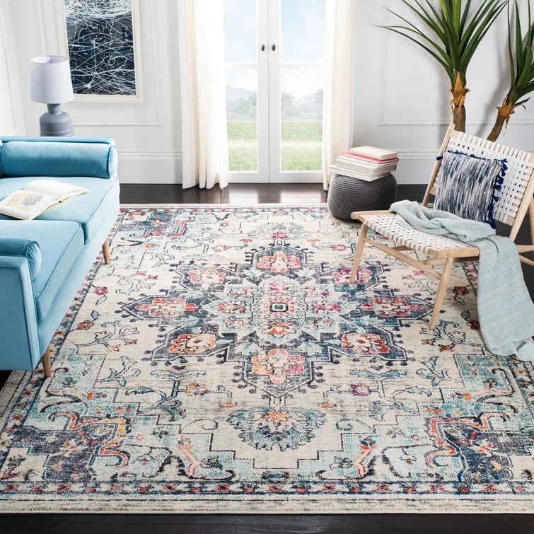 Felty Oriental Area Rug in Cream/Blue, Rectangle 8' x 10'
