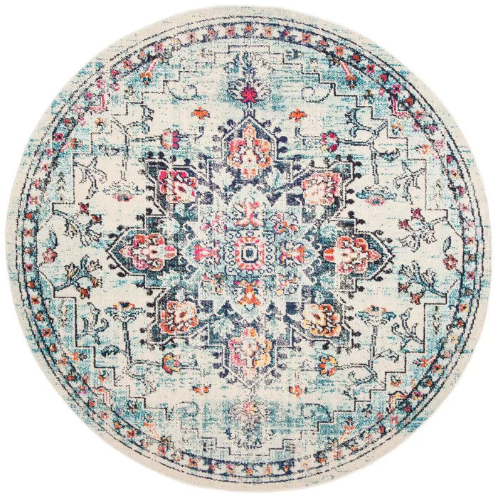 Felty Oriental Area Rug in Cream/Blue, Round 5'