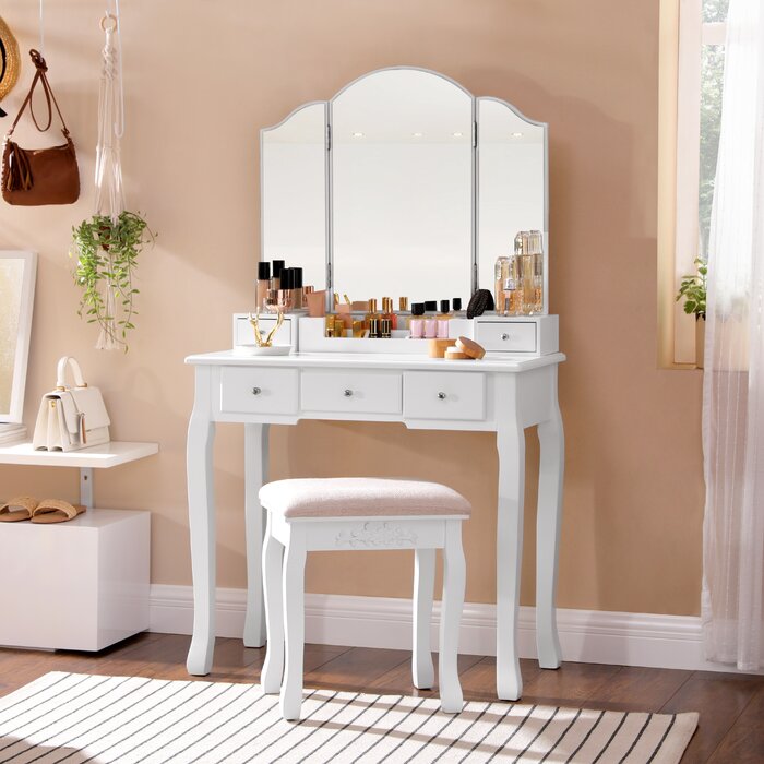White Fiecke Vanity Set With Stool & Mirror (LW92)