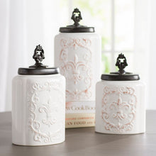 Load image into Gallery viewer, White Antique Fleur-de-lis 3 Piece Kitchen Canister Set CG343
