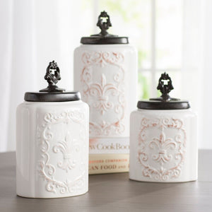 White Antique Fleur-de-lis 3 Piece Kitchen Canister Set CG343