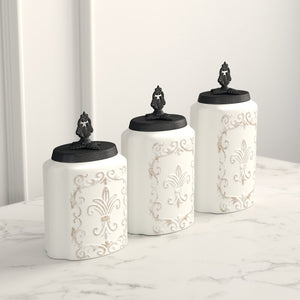 White Antique Fleur-de-lis 3 Piece Kitchen Canister Set CG343
