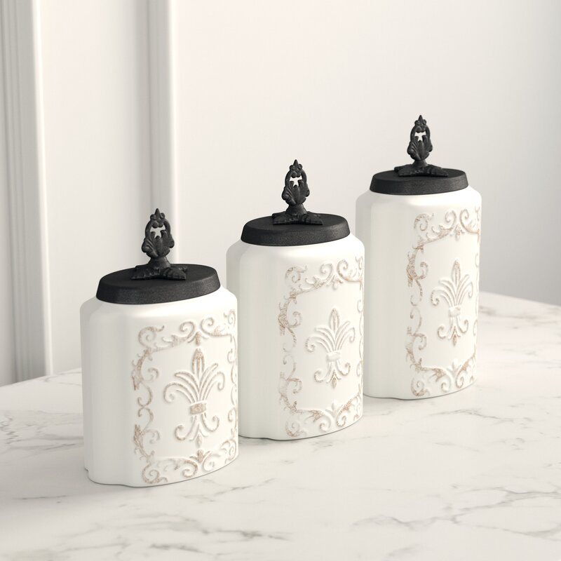 White Antique Fleur-de-lis 3 Piece Kitchen Canister Set CG343